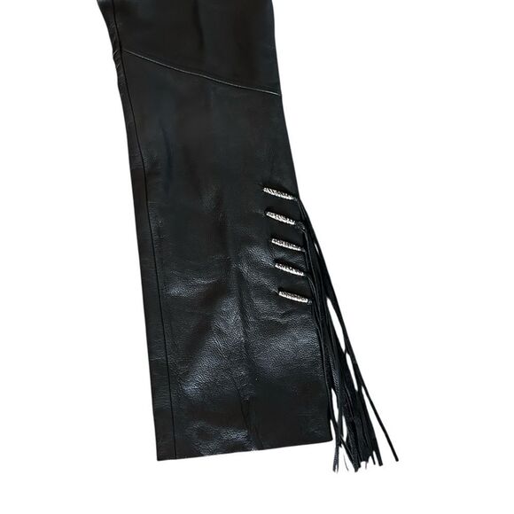 Harley-Davidson Black leather Pants with Fringe Details lined size 8 - Picture 4 of 12